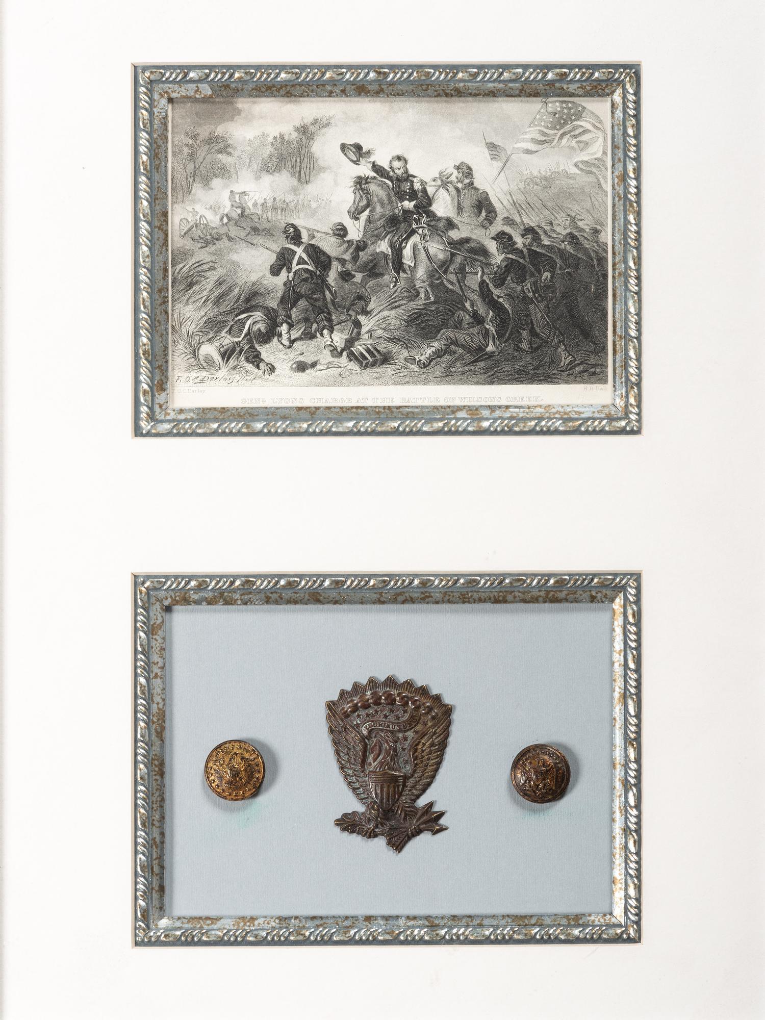 [CIVIL WAR]. A group of Confederate buttons and Union hat insignia framed with engraving, comprising: