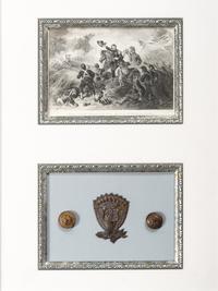 [CIVIL WAR]. A group of Confederate buttons and Union hat insignia framed with engraving, comprising: