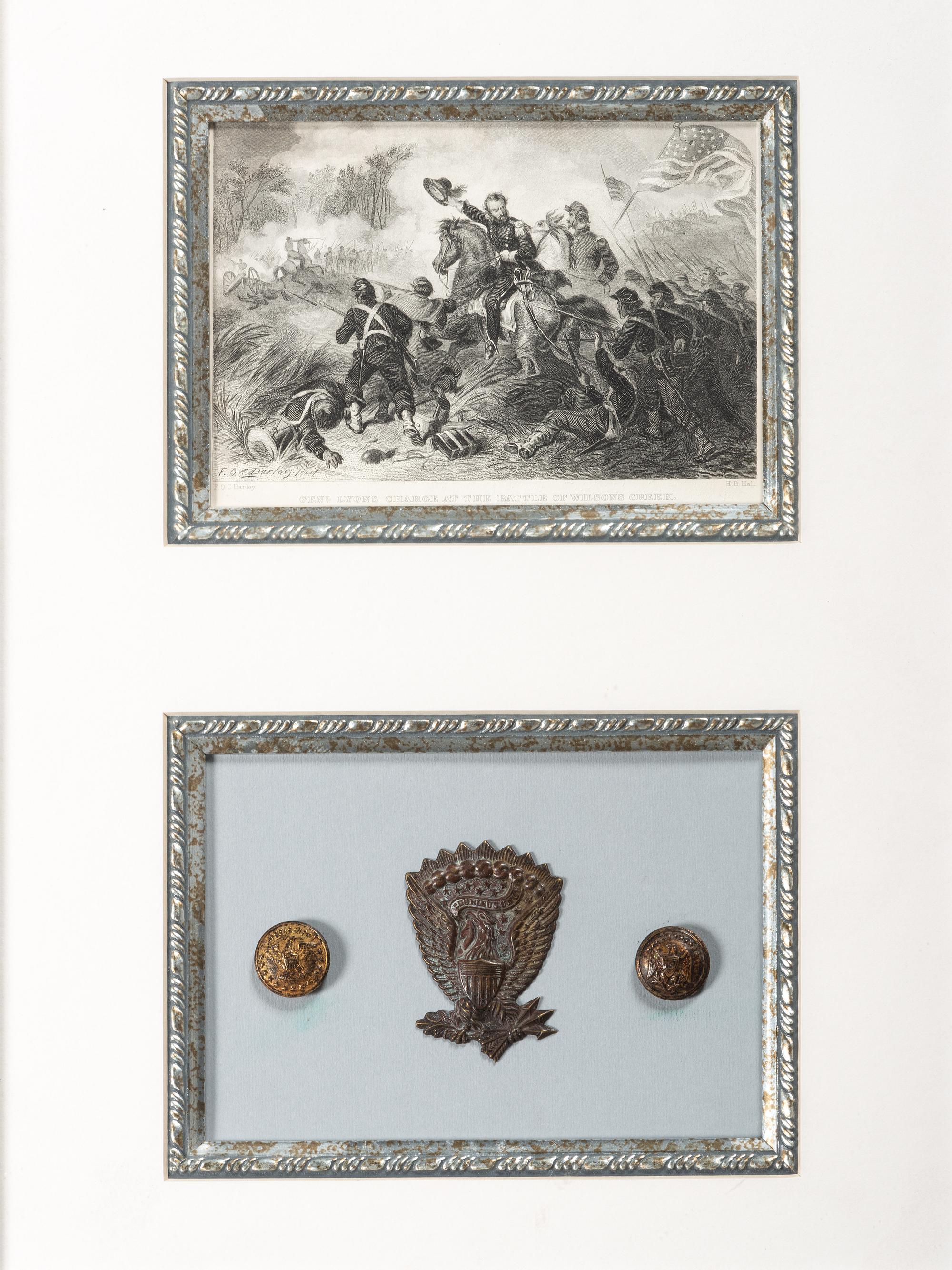 [CIVIL WAR]. A group of Confederate buttons and Union hat insignia framed with engraving, comprising: