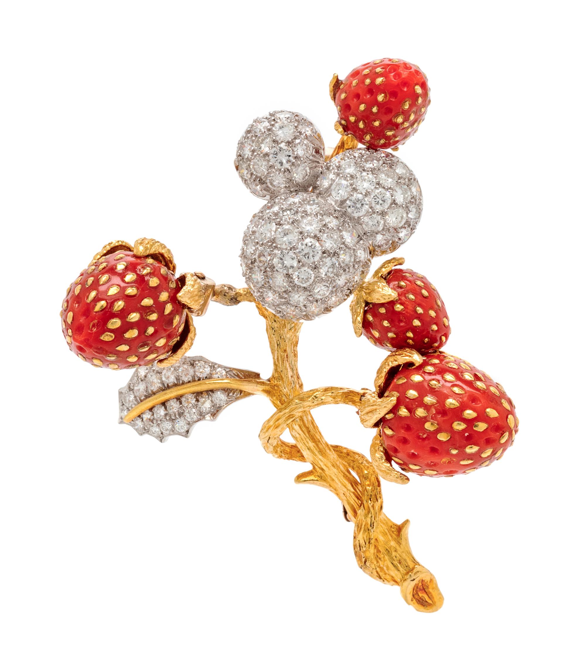 A Platinum, 18 Karat Yellow Gold, Coral and Diamond Strawberry Motif Brooch, 28.00 dwts.