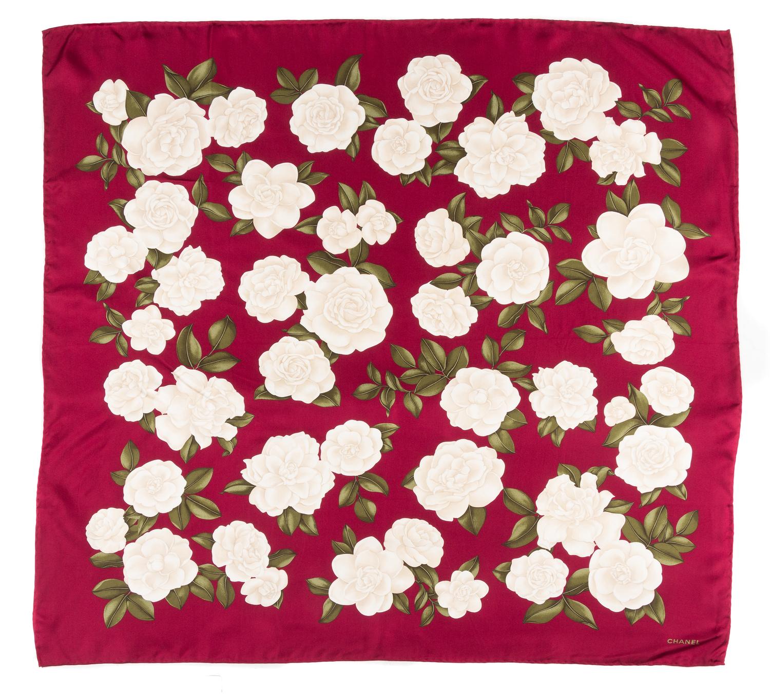 A Chanel Burgundy Silk Camelia Scarf, 38" x 38".