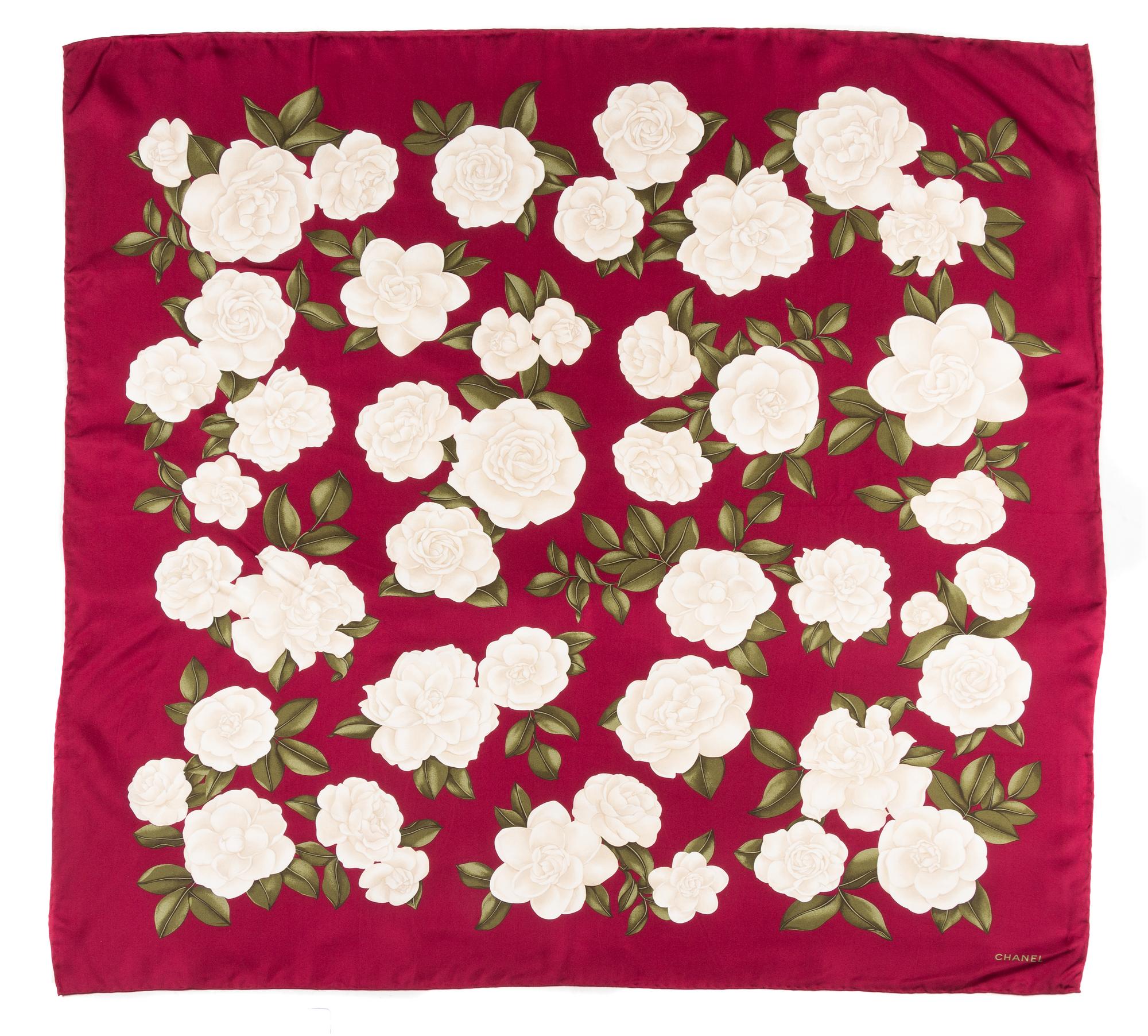 A Chanel Burgundy Silk Camelia Scarf, 38" x 38".