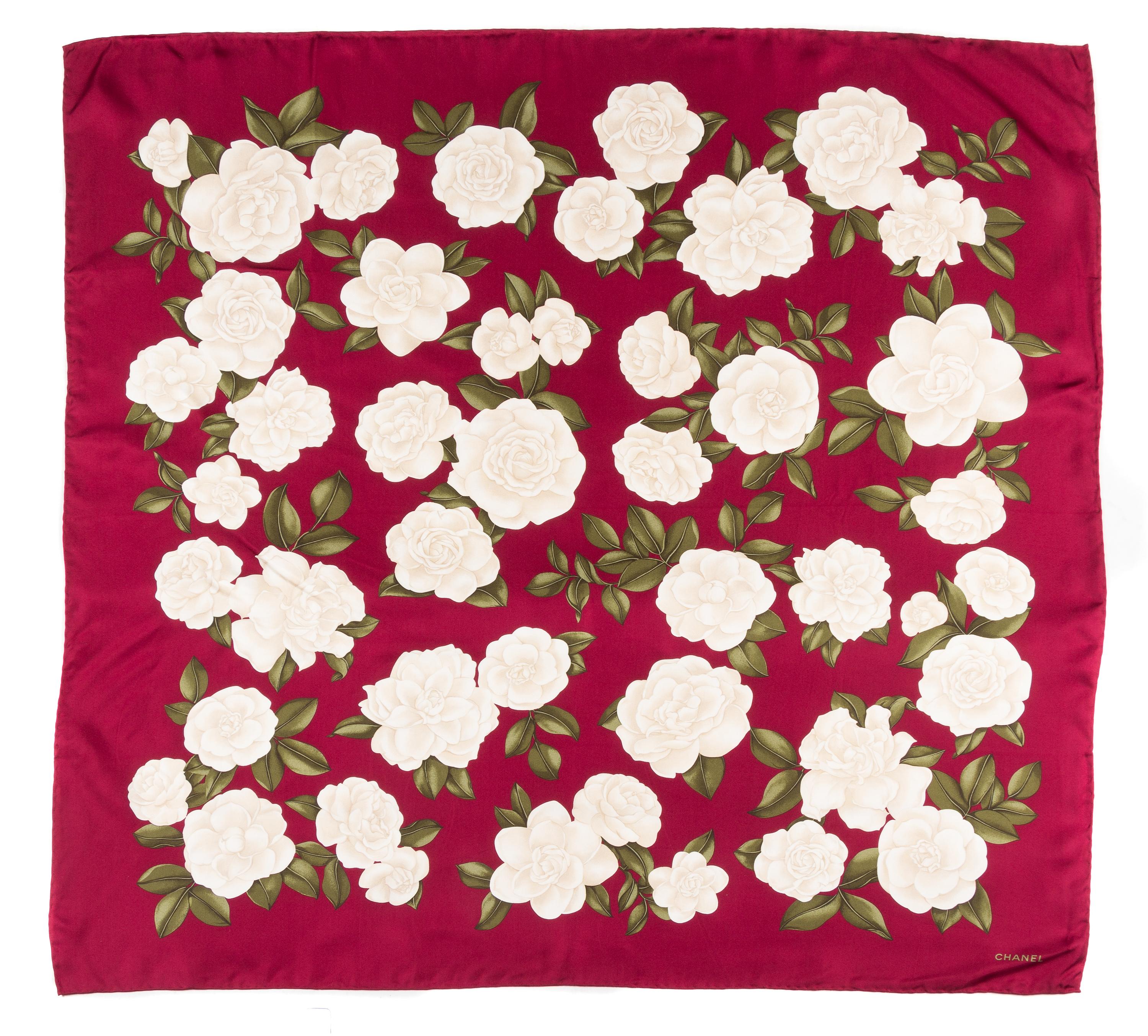 A Chanel Burgundy Silk Camelia Scarf, 38" x 38".
