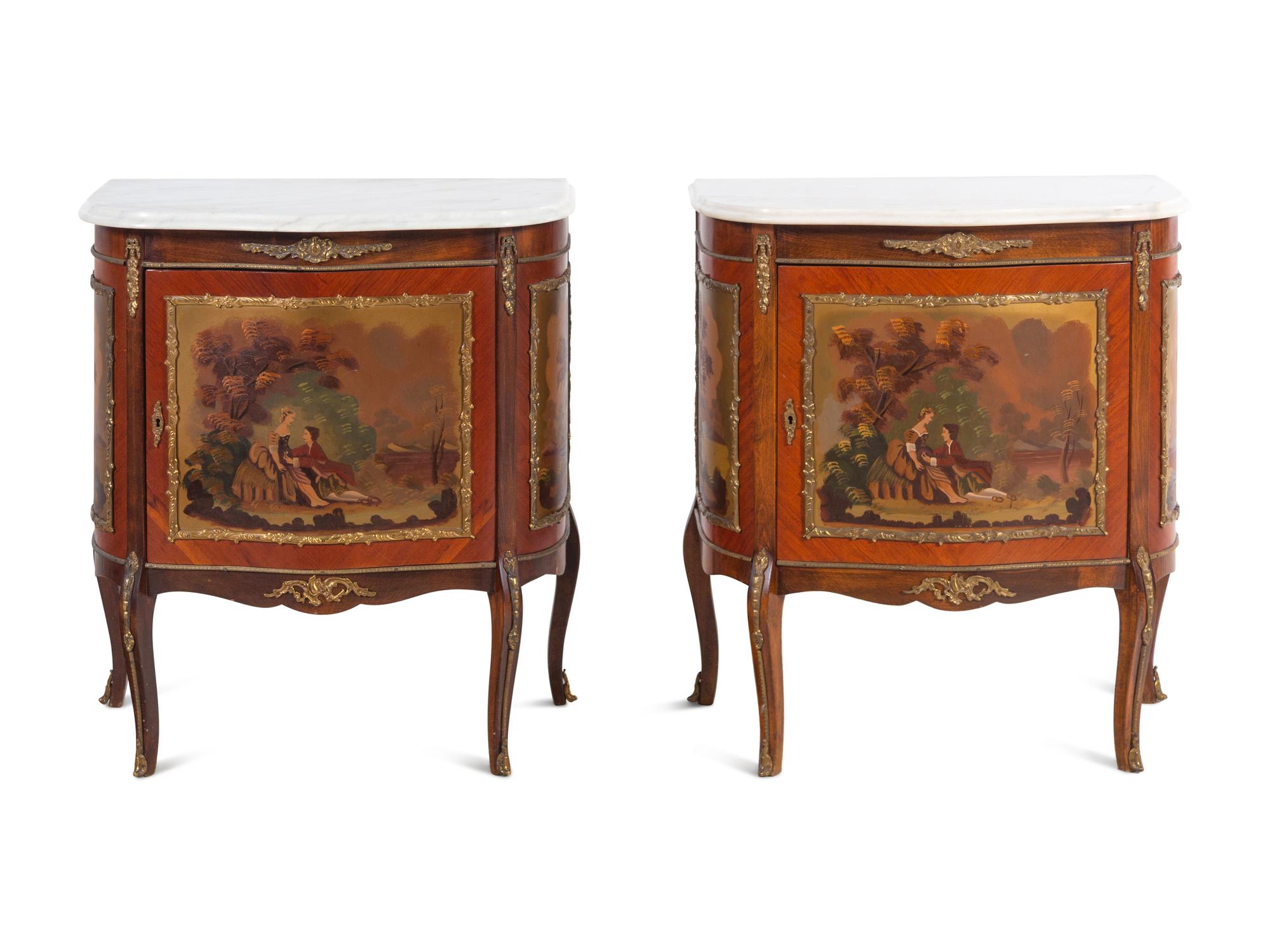 A Pair of Louis XV Style Gilt Metal Mounted Vernis Martin Marble-Top Commodes