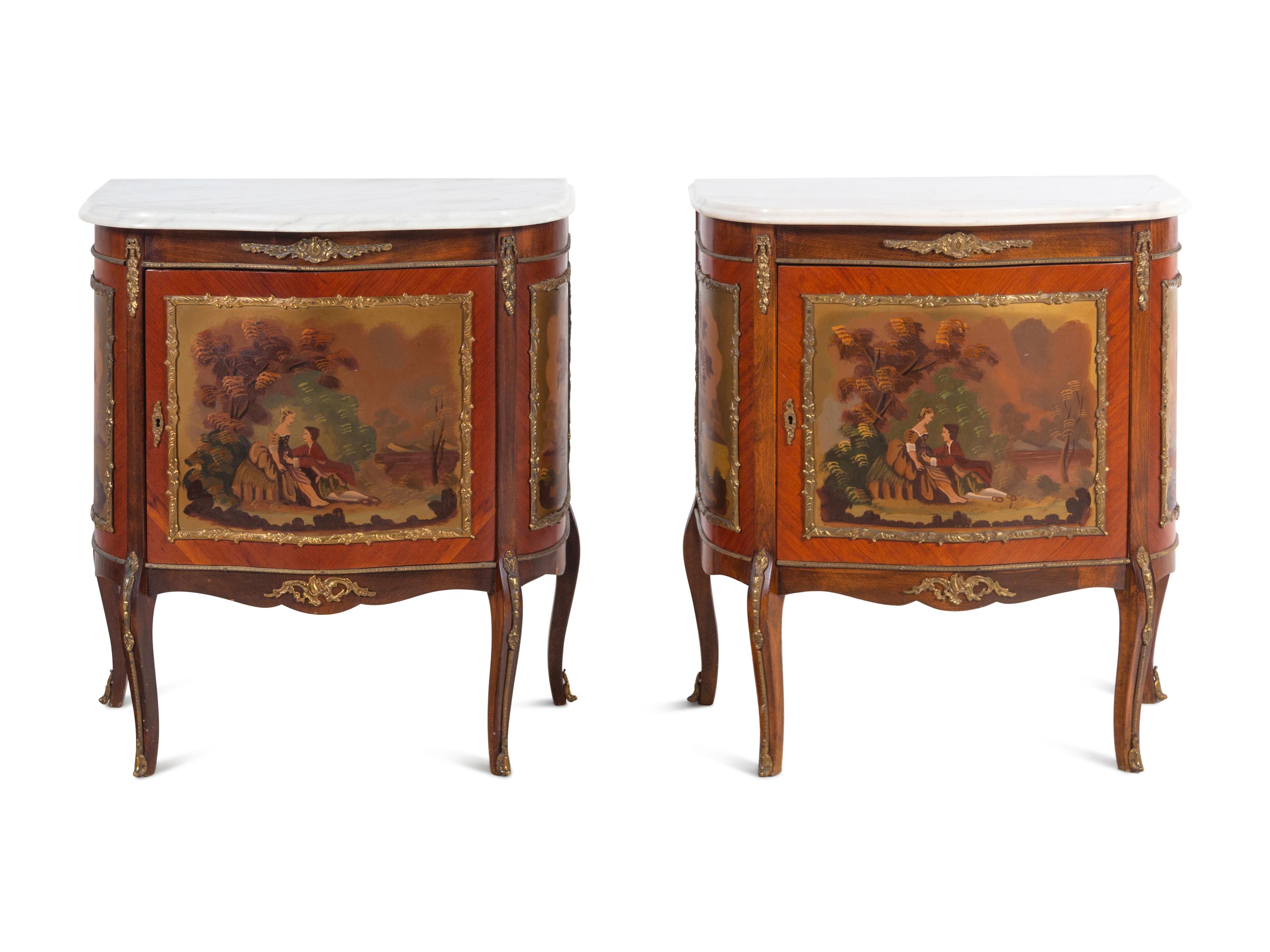 A Pair of Louis XV Style Gilt Metal Mounted Vernis Martin Marble-Top Commodes