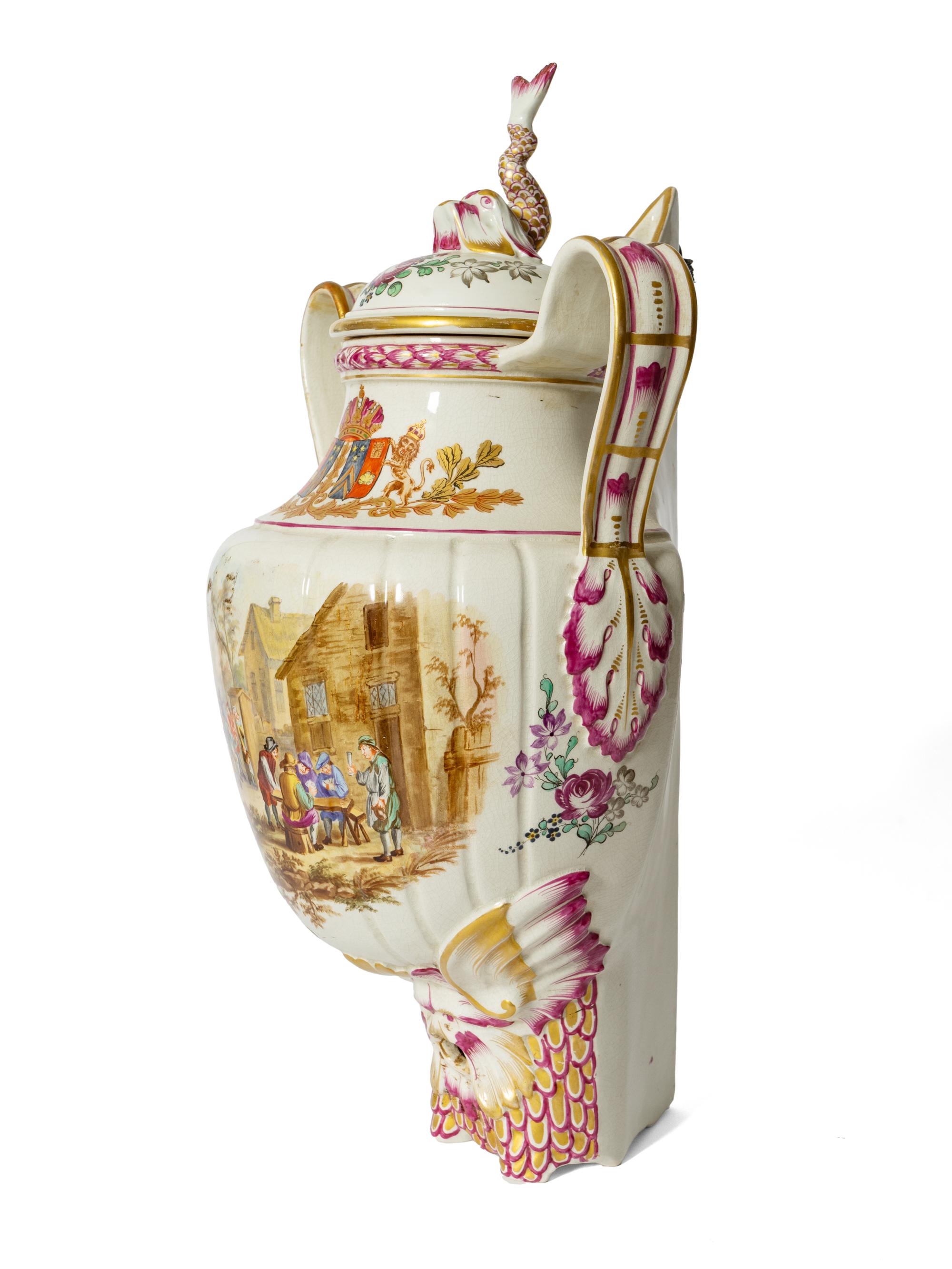 A Continental Polychrome Decorated Parcel Gilt Faience Corner Lavabo and Basin