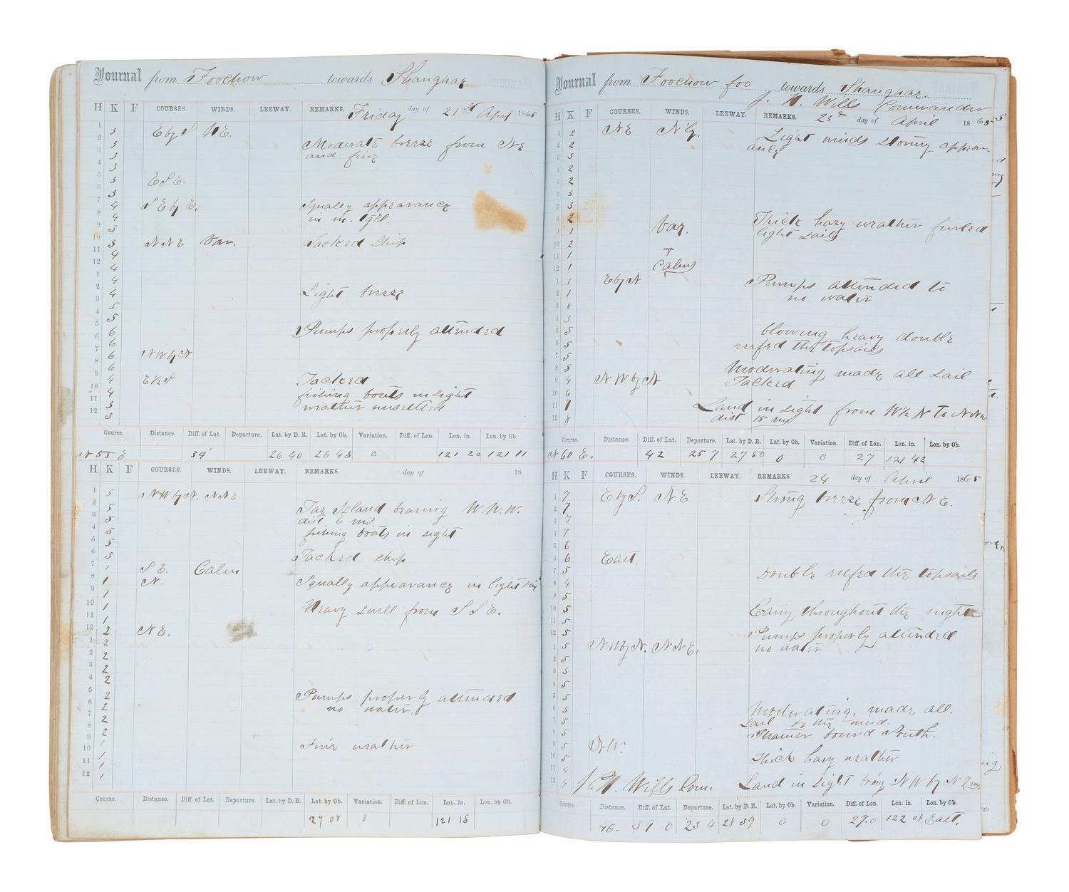 [MARITIME]. Log of the Barques Wavelet , Looling , and J.H. Wills documenting journeys in East Asia, ca 1862-1865. [ With: ] Notebook containing sea shanties and sketches of ships, ca 1862-63.