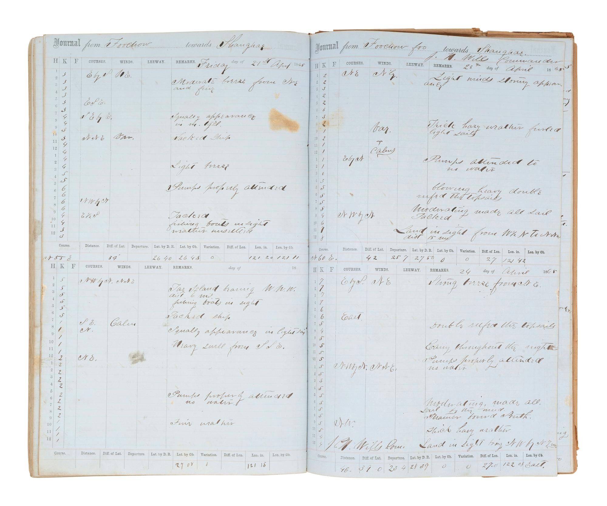 [MARITIME]. Log of the Barques Wavelet , Looling , and J.H. Wills documenting journeys in East Asia, ca 1862-1865. [ With: ] Notebook containing sea shanties and sketches of ships, ca 1862-63.