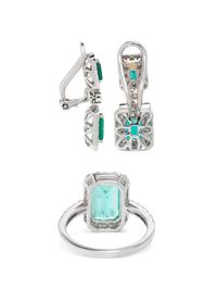 EMERALD AND DIAMOND RING AND CLIP EARRINGS
