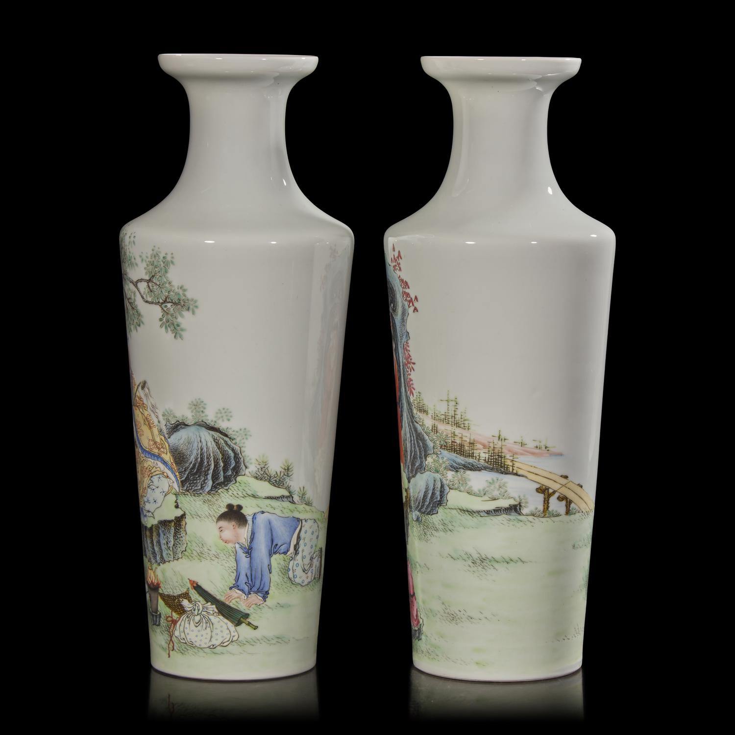A Pair of Well-Painted Chinese Famille Rose Sleeve Vases, Possibly Republic Period 或為民國 粉彩高士圖賞瓶一對