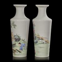 A Pair of Well-Painted Chinese Famille Rose Sleeve Vases, Possibly Republic Period 或為民國 粉彩高士圖賞瓶一對