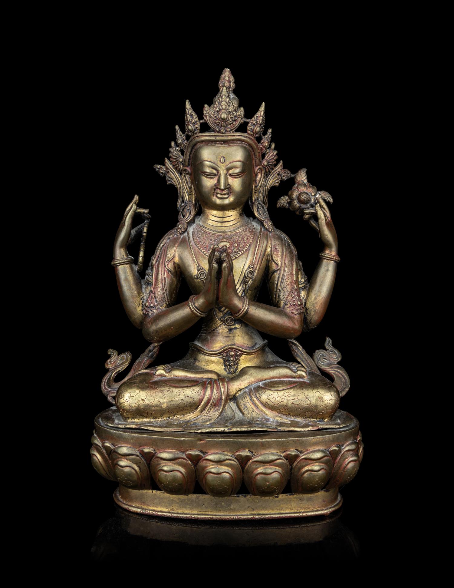 A Large Tibetan Gilt Bronze Figure of Shadakshari Lokeshvara