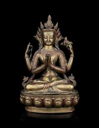 A Large Tibetan Gilt Bronze Figure of Shadakshari Lokeshvara