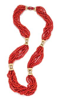 An 18 Karat Yellow Gold, Platinum, Coral and Diamond Necklace, David Webb,