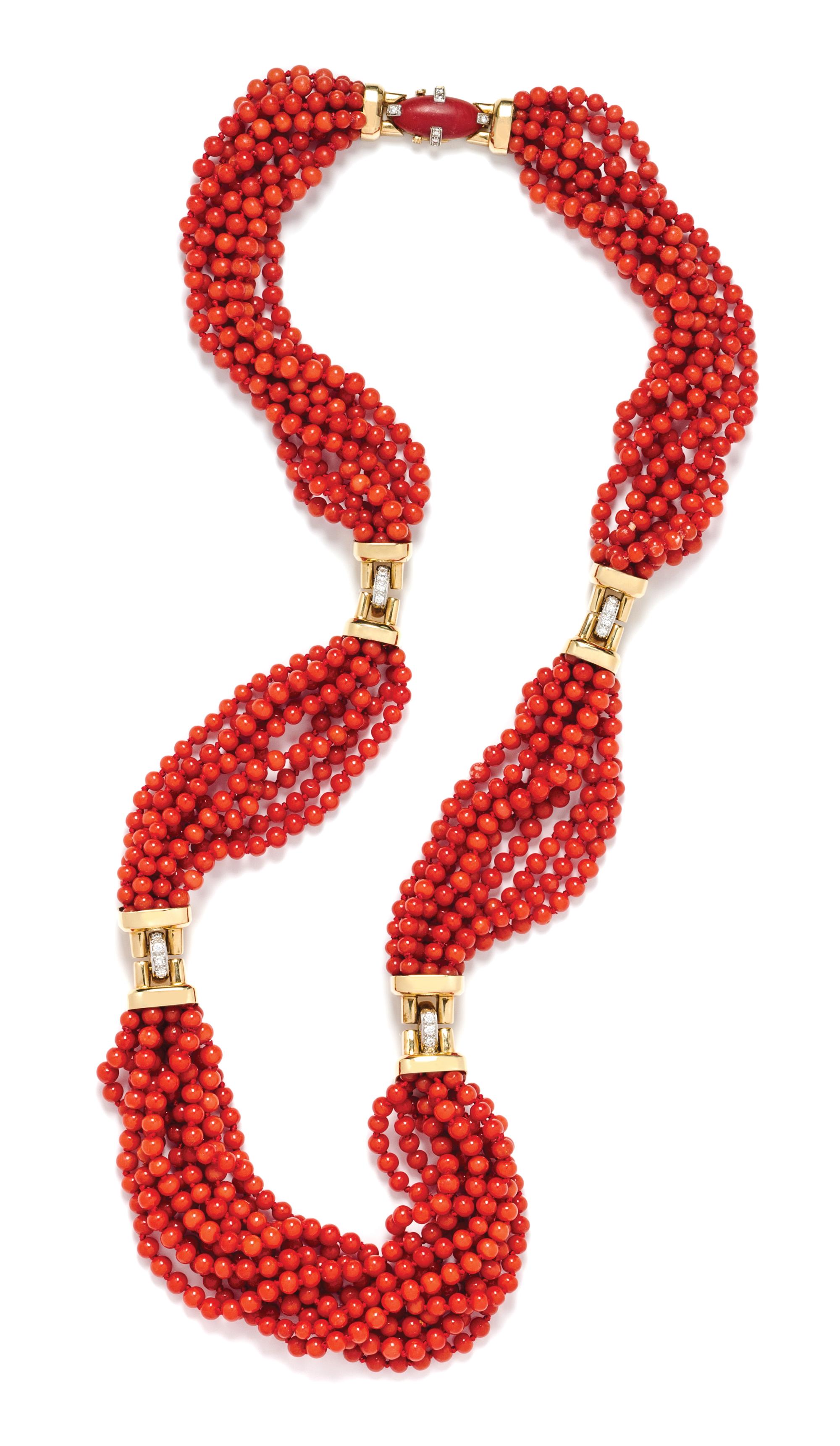 An 18 Karat Yellow Gold, Platinum, Coral and Diamond Necklace, David Webb,