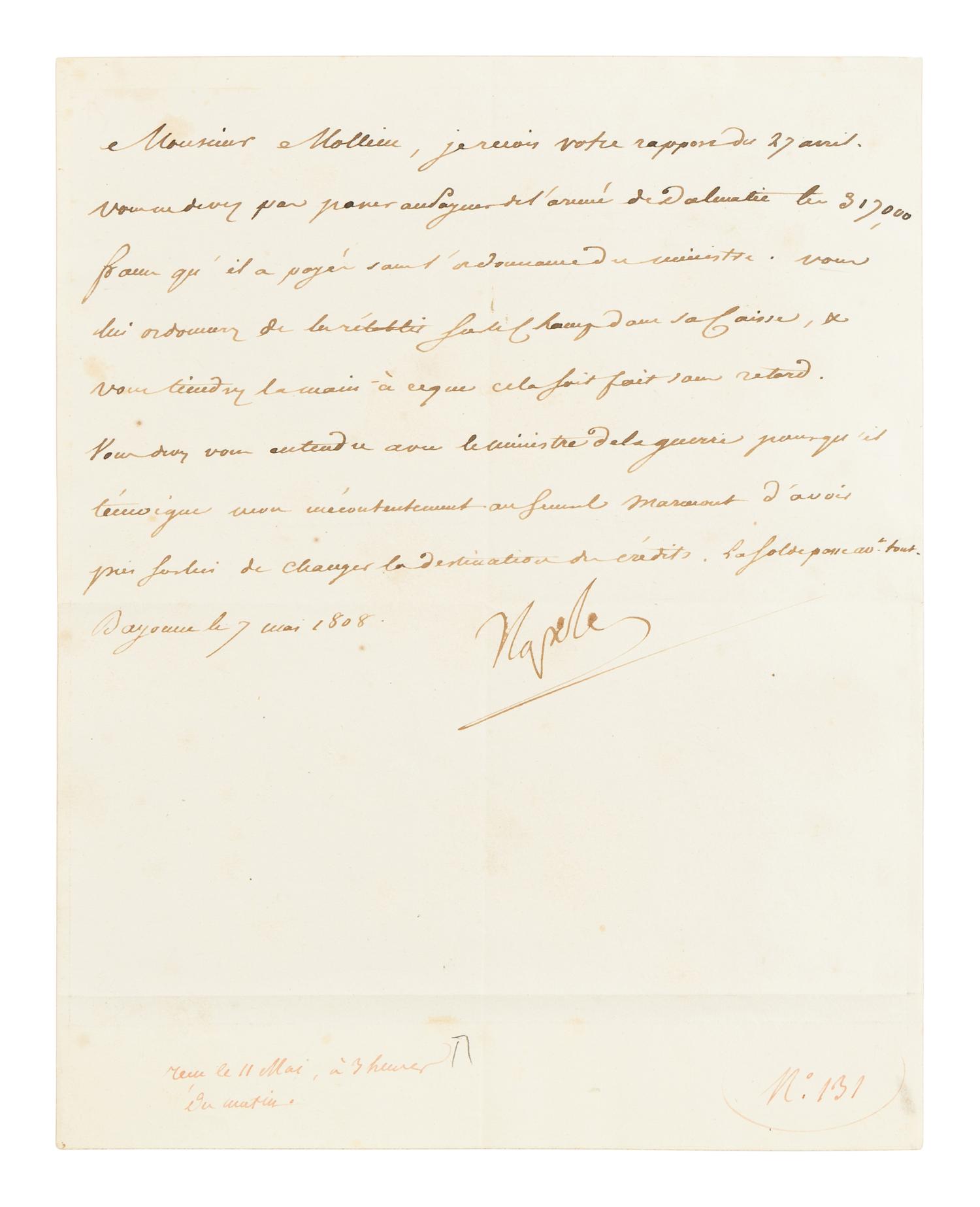 BONAPARTE, Napoleon (1769-1821). Autograph note signed ("Napoleon") to Nicolas-François, Count Mollein, Bayonne, 7 May 1808.