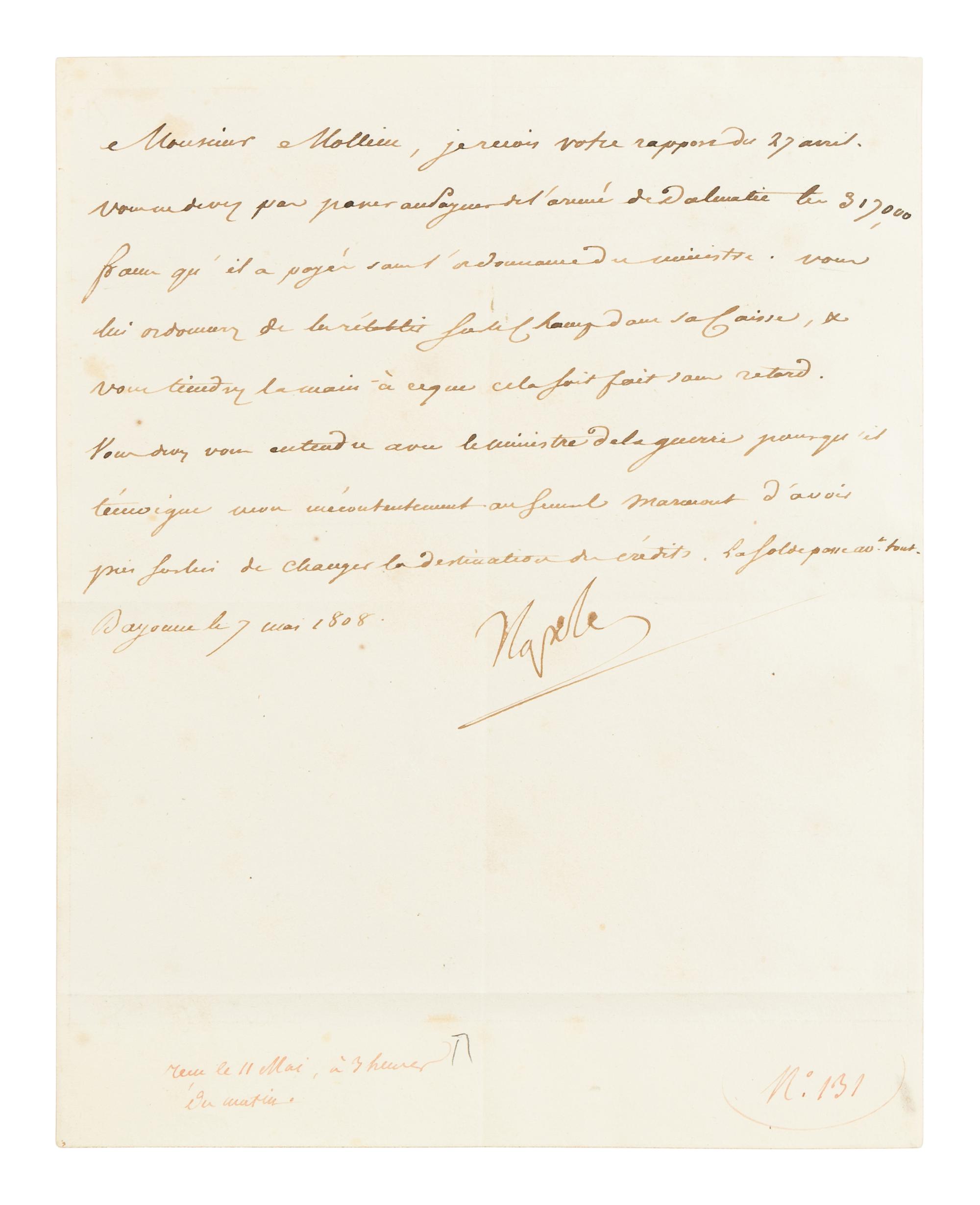 BONAPARTE, Napoleon (1769-1821). Autograph note signed ("Napoleon") to Nicolas-François, Count Mollein, Bayonne, 7 May 1808.