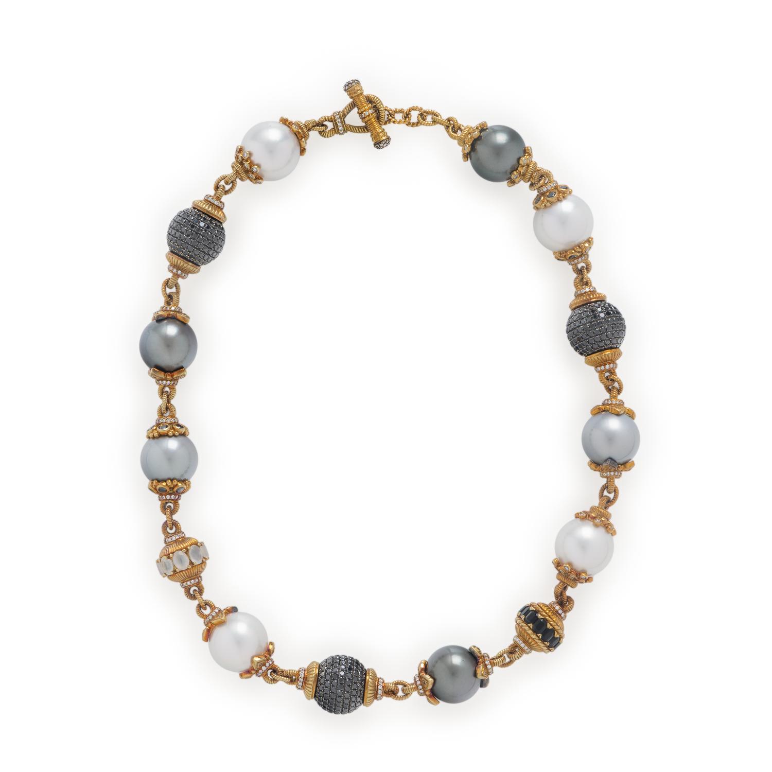 Cultured Pearl, Black Diamond, and Diamond Necklace