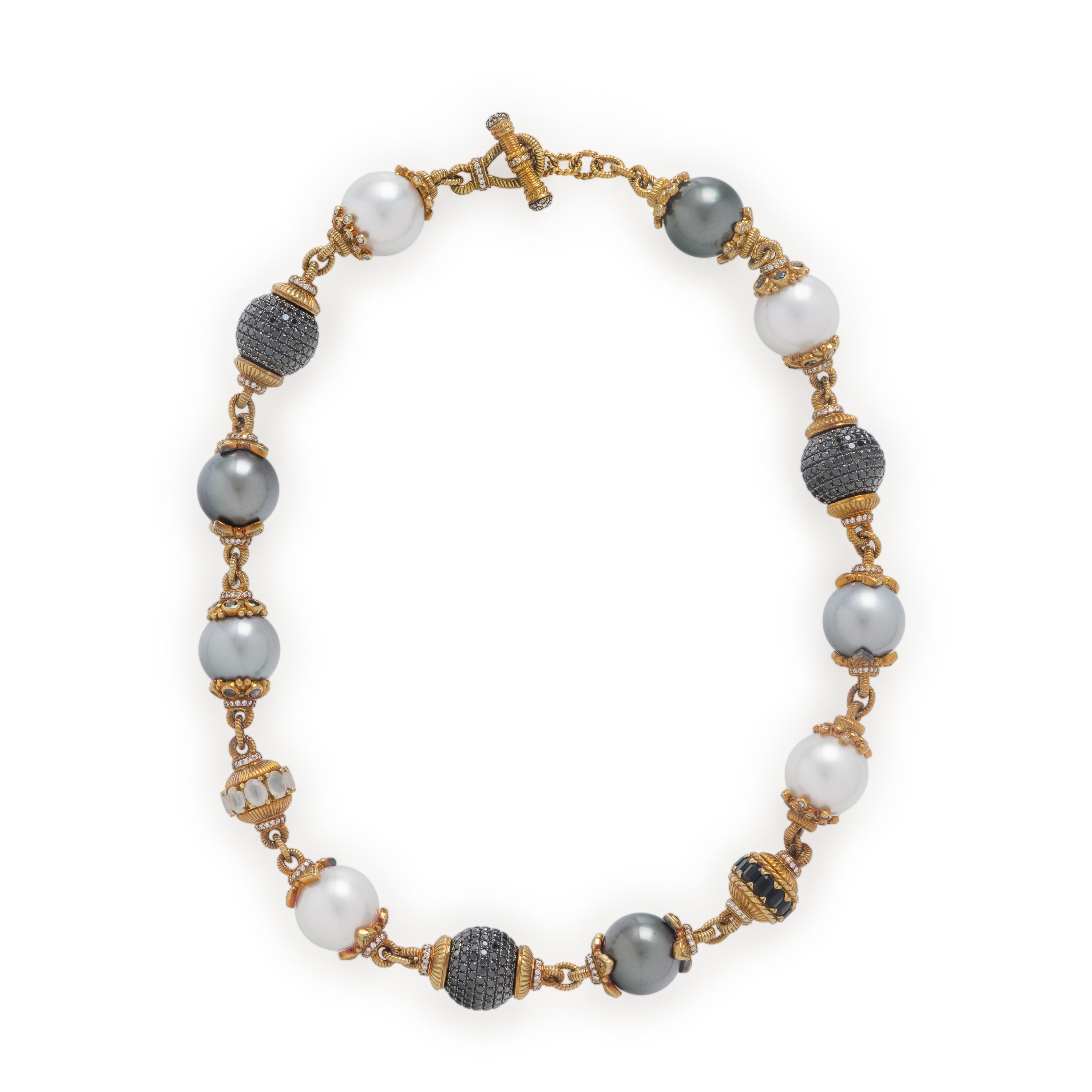 Cultured Pearl, Black Diamond, and Diamond Necklace