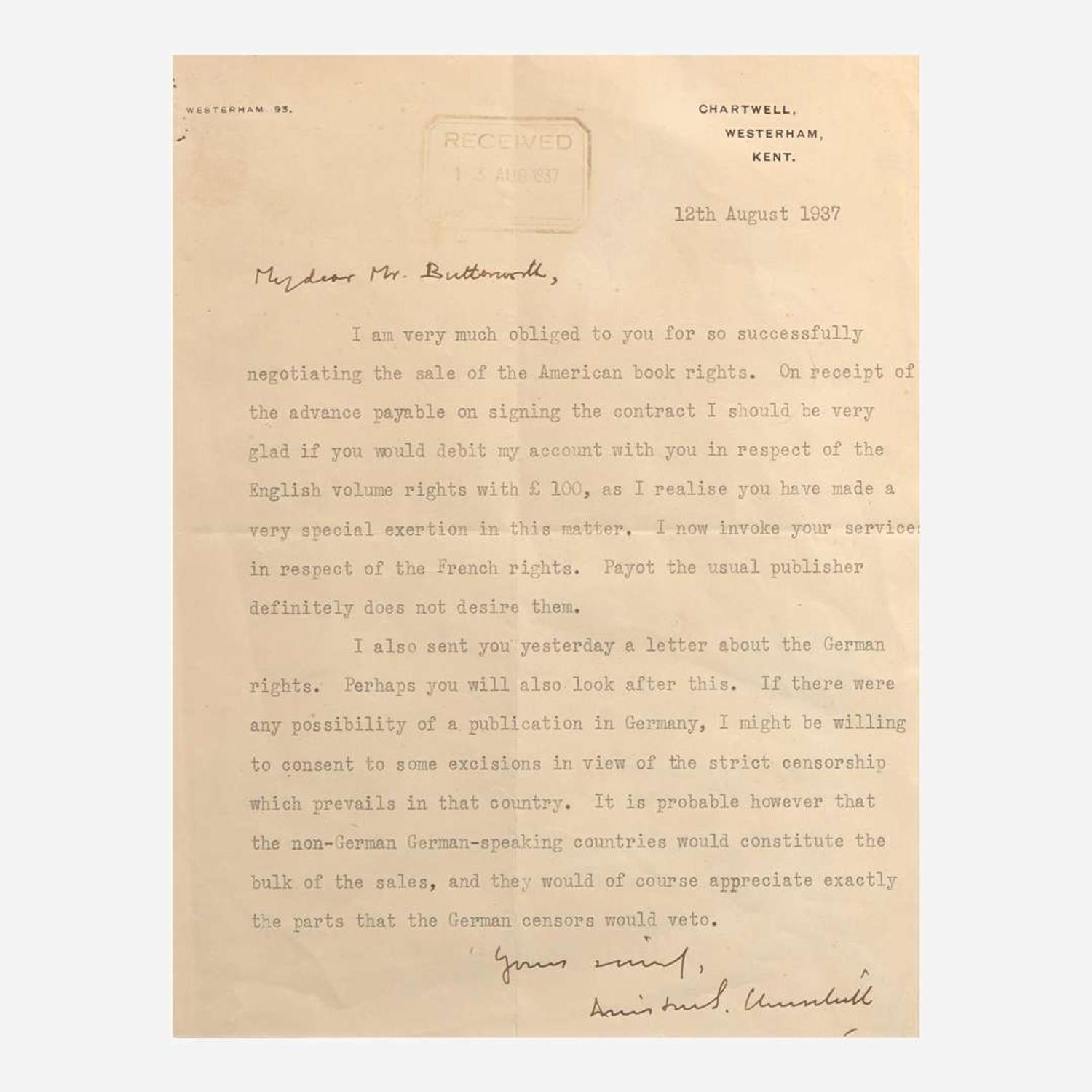 [Churchill, Winston] Churchill, Winston S. Typed Letter, signed