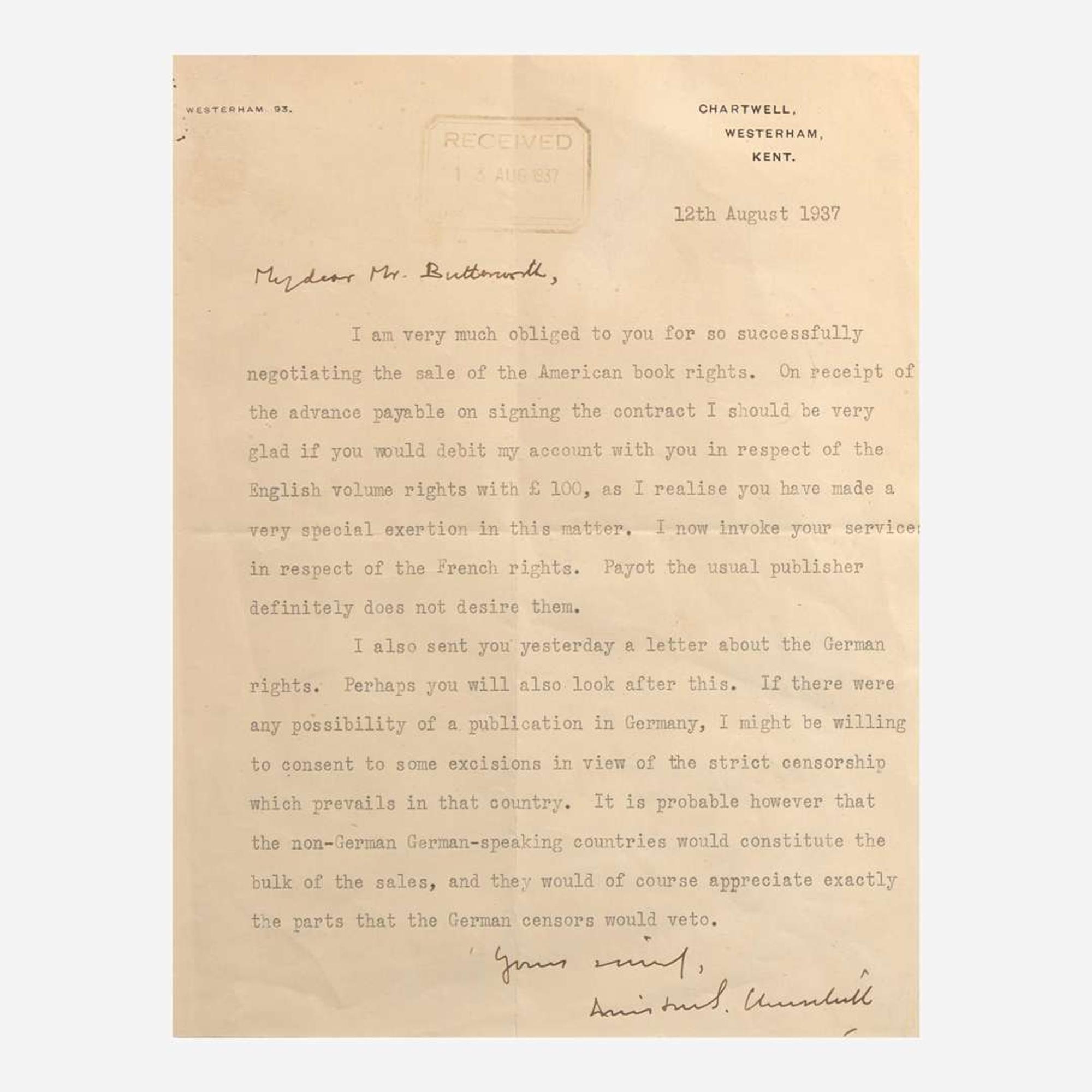 [Churchill, Winston] Churchill, Winston S. Typed Letter, signed