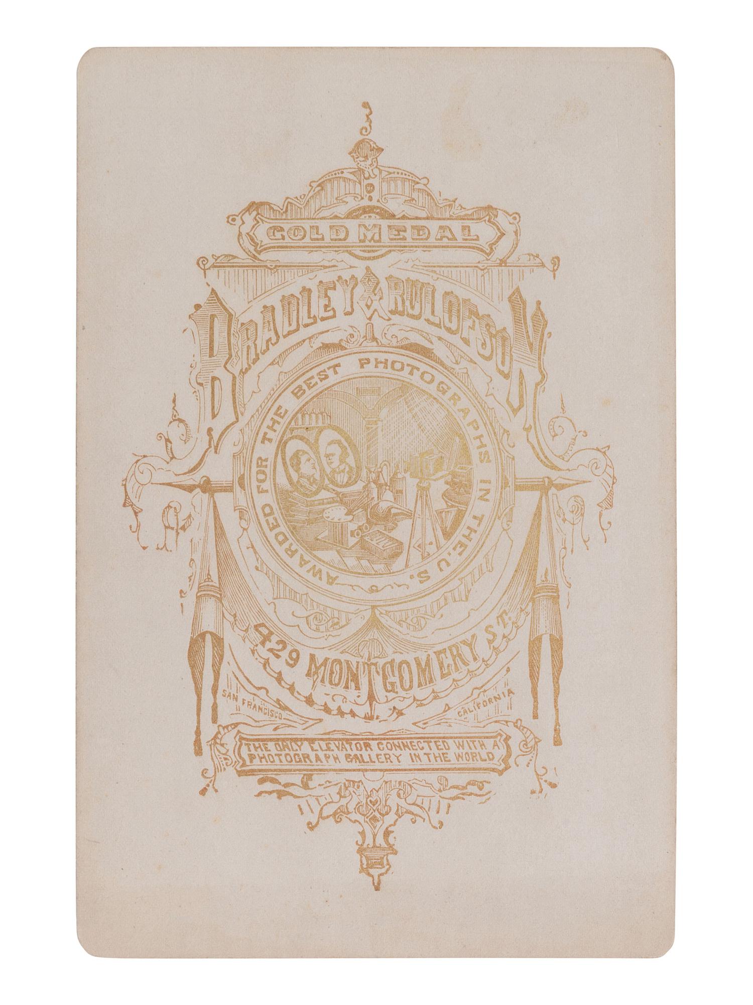 [EARLY PHOTOGRAPHY]. Cabinet card of an advertising display for BRADLEY & RULOFSON at an exhibit.