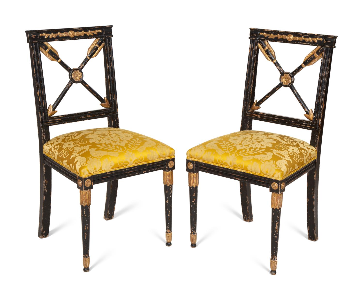 A Pair of Italian Ebonized and Parcel Gilt Side Chairs with Scalamandré Upholstered Seats