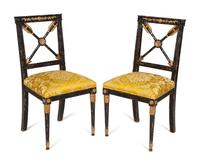 A Pair of Italian Ebonized and Parcel Gilt Side Chairs with Scalamandré Upholstered Seats