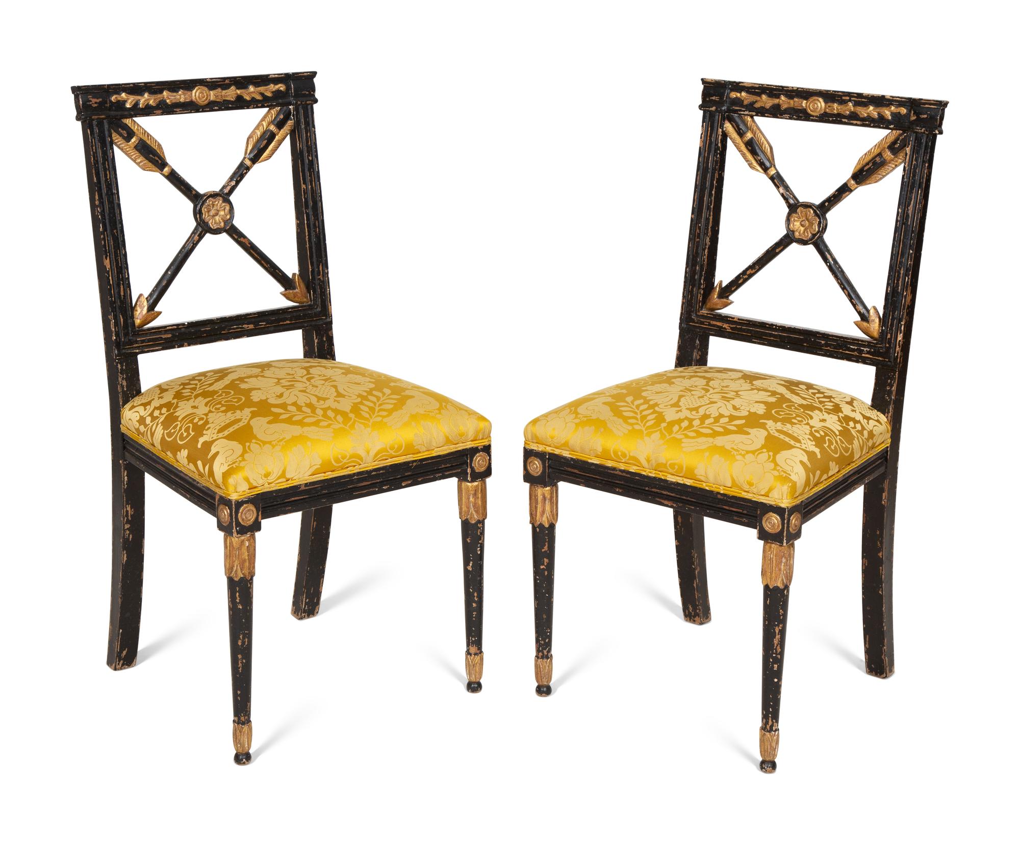 A Pair of Italian Ebonized and Parcel Gilt Side Chairs with Scalamandré Upholstered Seats