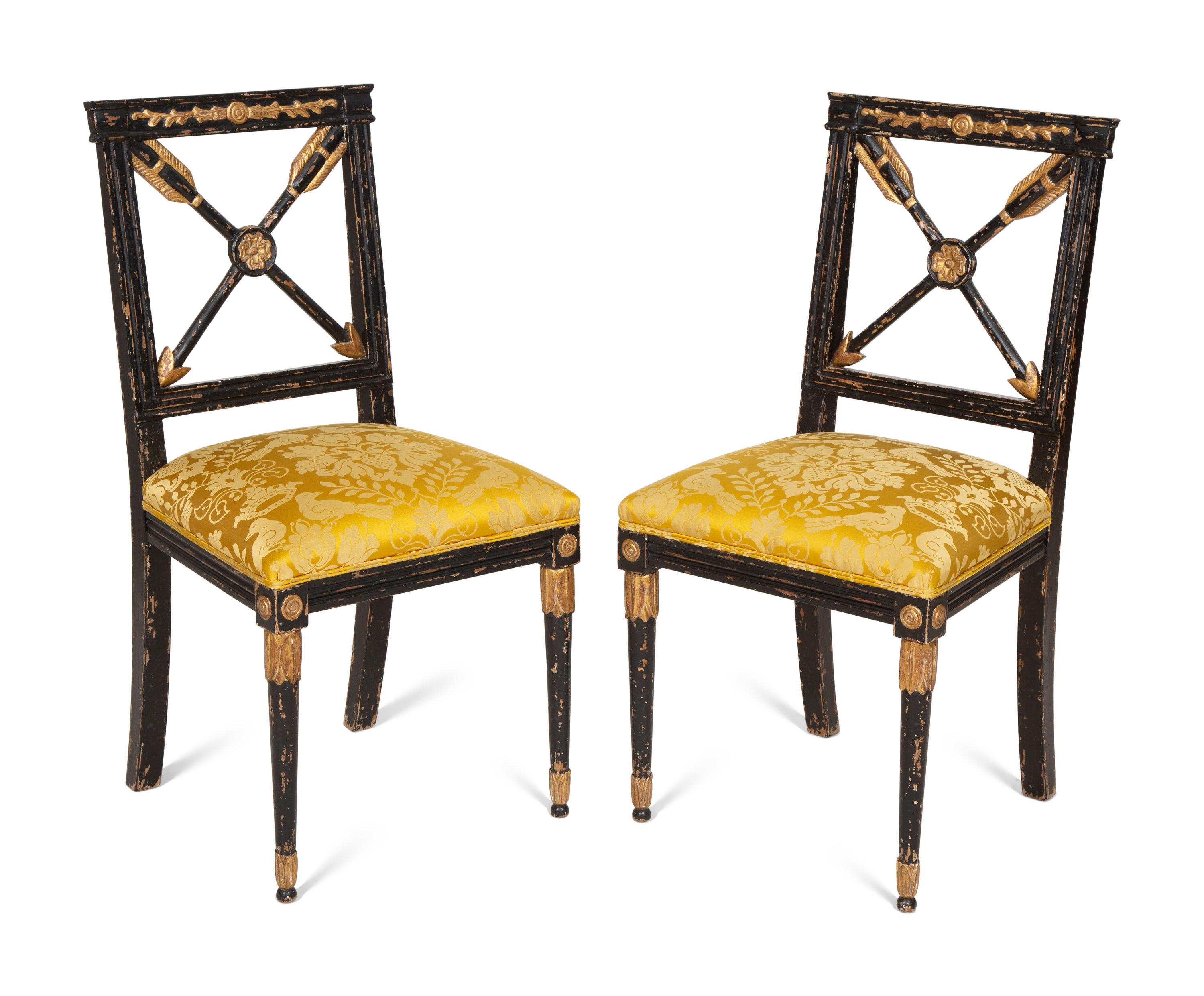 A Pair of Italian Ebonized and Parcel Gilt Side Chairs with Scalamandré Upholstered Seats