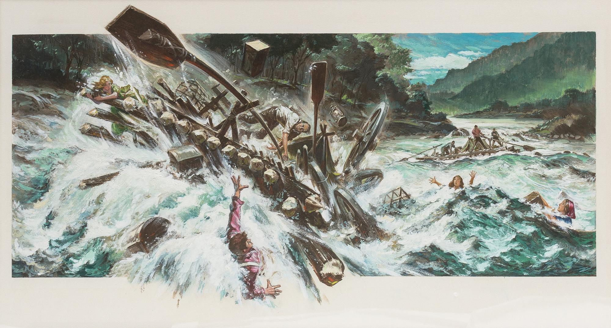 Reynold Brown, (American, 1917-1991), How the West Was Won 1962, two works, depicting "The Settlers' Raft is Caught in the Rapids" for