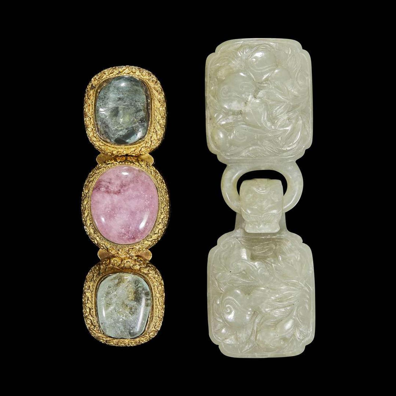 A Chinese carved jade buckle and a hardstone-mounted gilt metal buckle 玉带扣与宝石嵌铜鎏金带扣一组两件 Qing dynasty ?