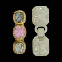 A Chinese carved jade buckle and a hardstone-mounted gilt metal buckle 玉带扣与宝石嵌铜鎏金带扣一组两件 Qing dynasty ?