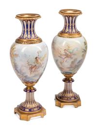 A Pair of Large Gilt Bronze Mounted Sèvres Porcelain Vases