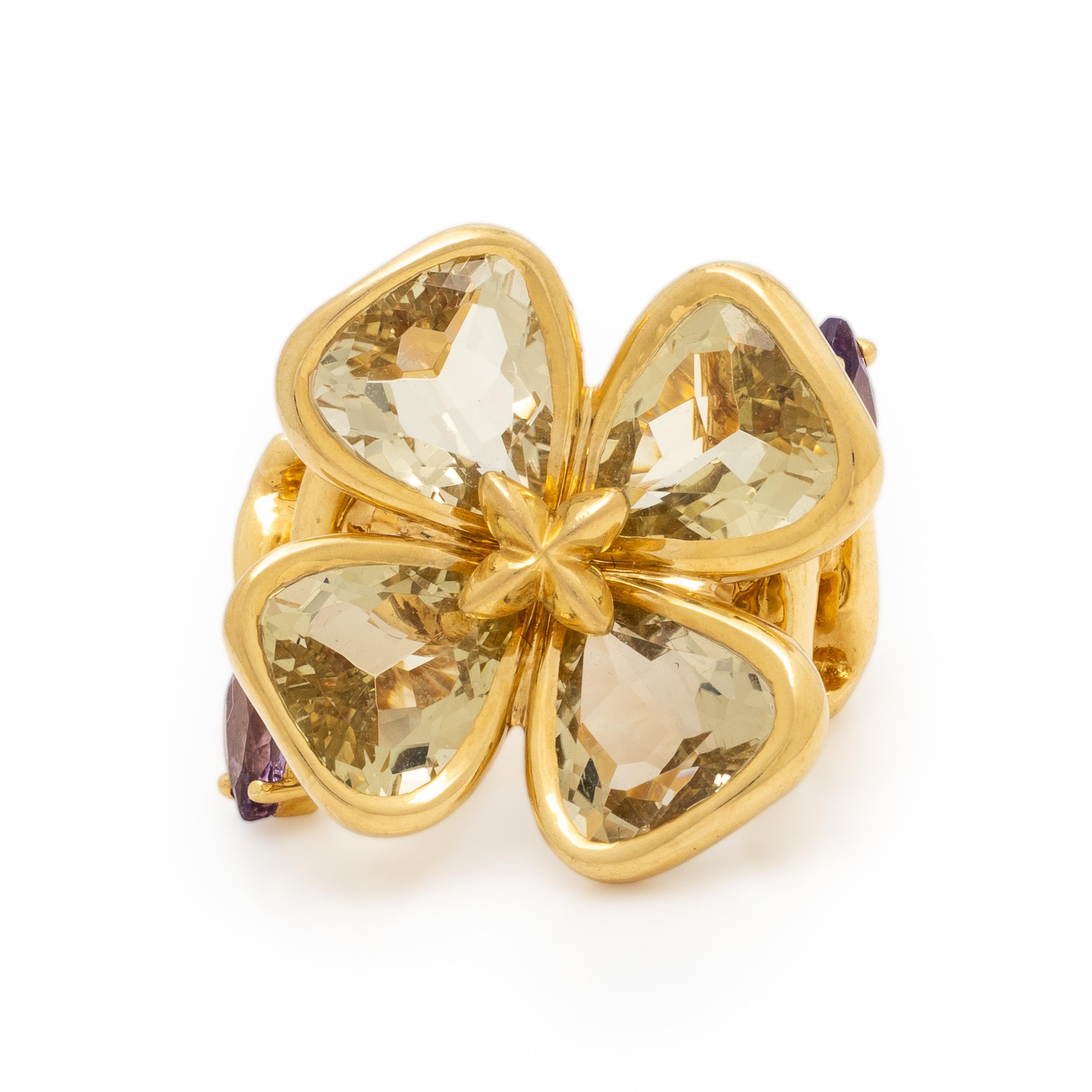 Citrine, Amethyst, and Yellow Gold Clover Ring