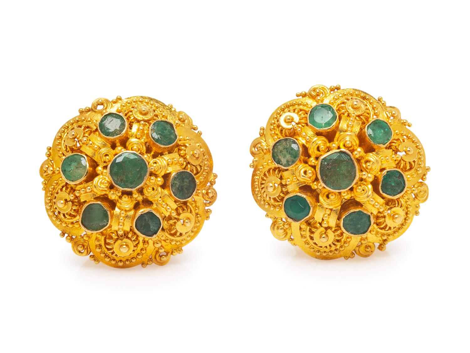 A Pair of Yellow Gold and Emerald Earrings,