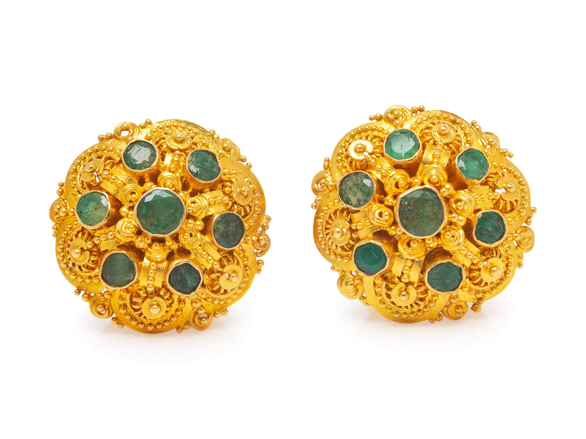 A Pair of Yellow Gold and Emerald Earrings,