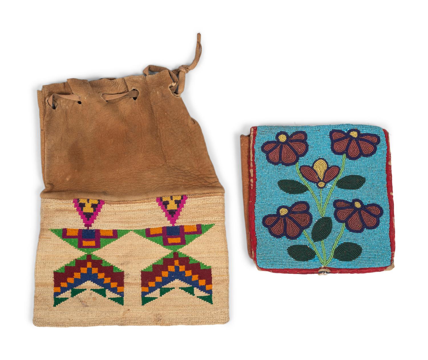 Nez Perce Hide and Cornhusk Bag AND Beaded Pouch