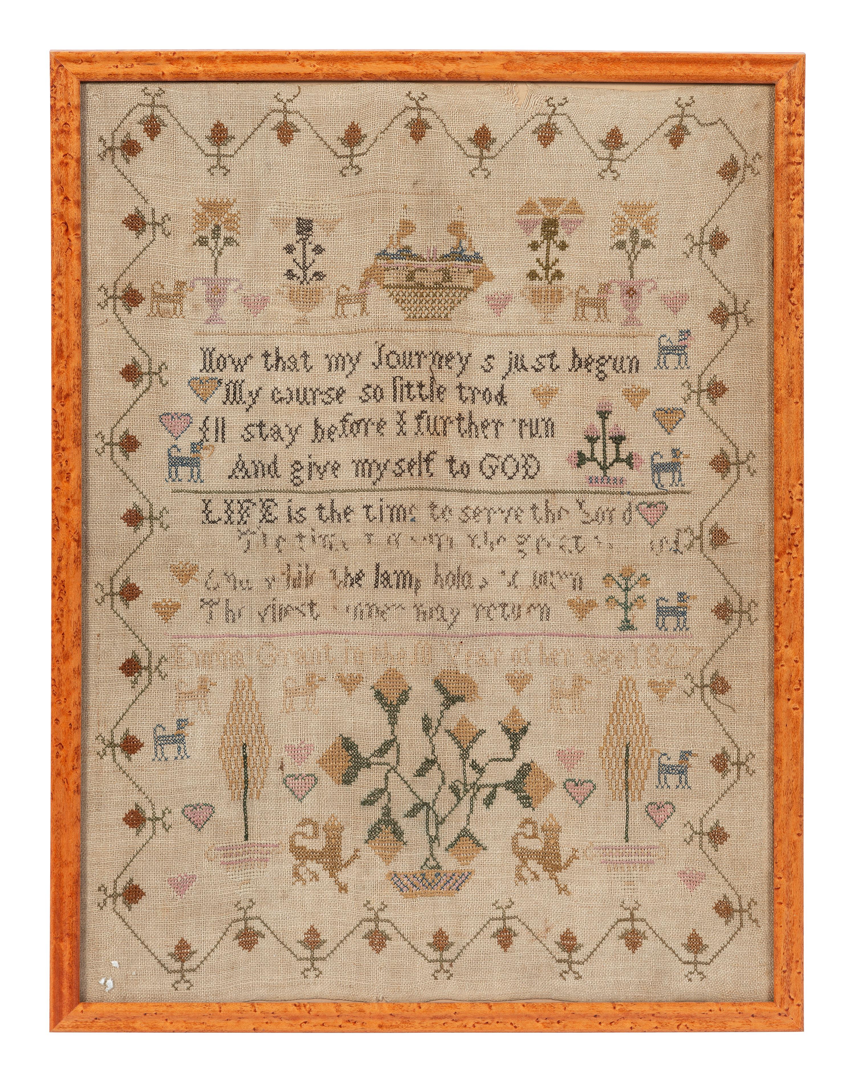 Four English Needlework Embroidered Pictorial Schoolgirl's Samplers
