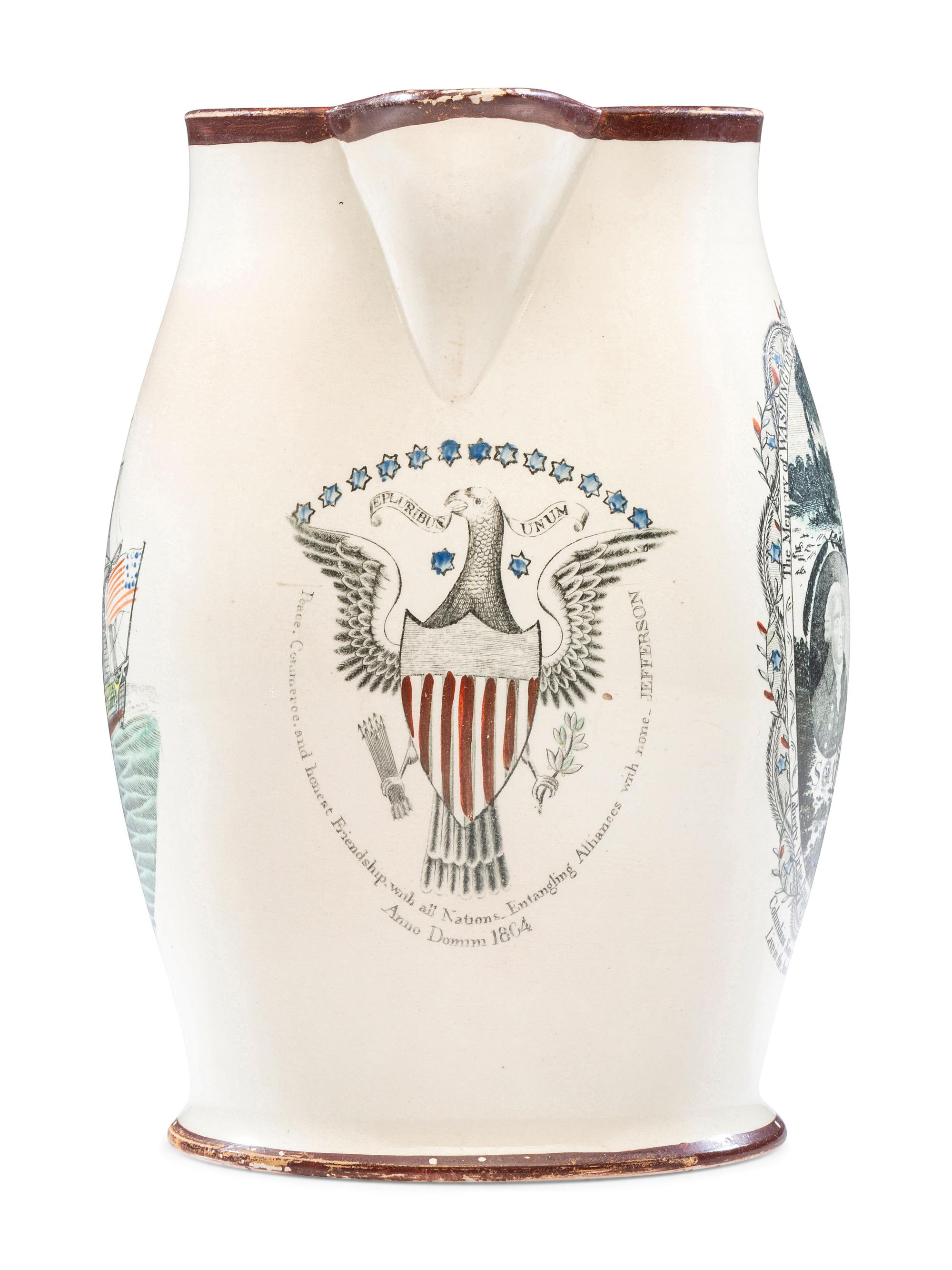 A Liverpool Transfer-Printed Creamware 'Memory of George Washington and the Proscribed Patriots of America' Pitcher with Polychrome Embellishment