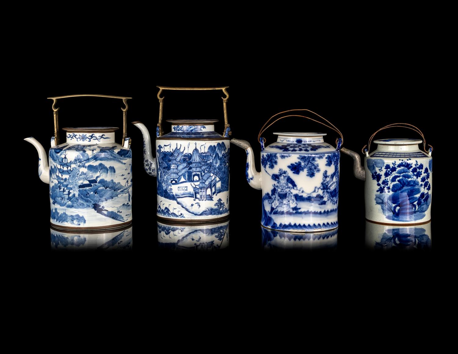 Four Large Chinese Blue and White Porcelain Teapots