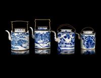 Four Large Chinese Blue and White Porcelain Teapots
