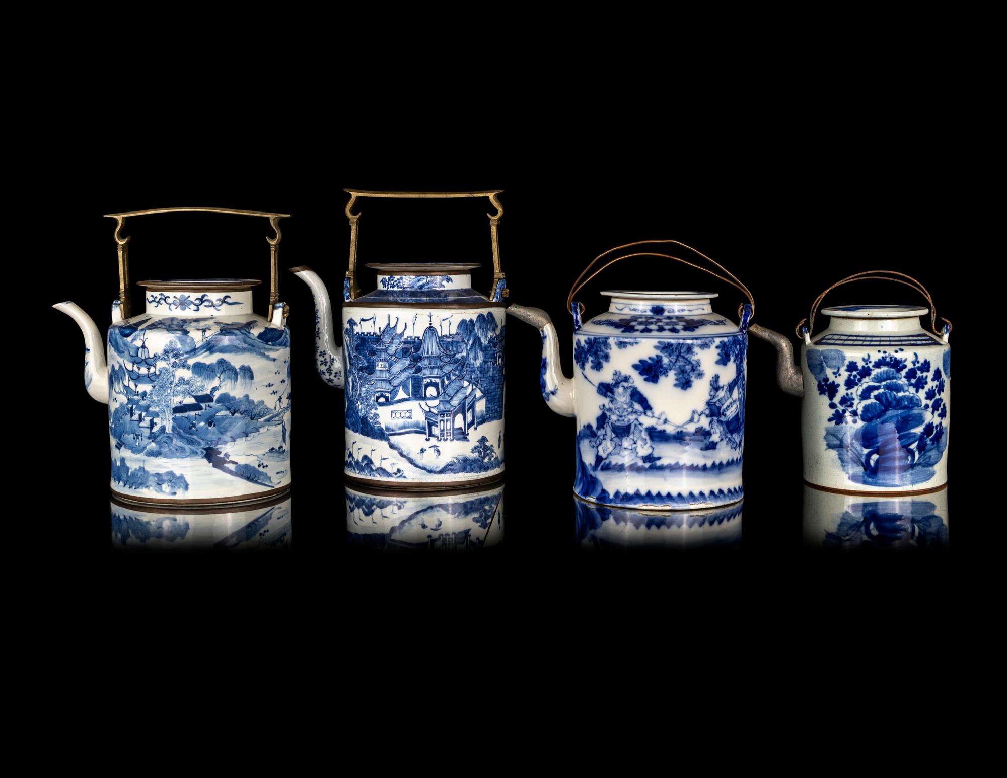 Four Large Chinese Blue and White Porcelain Teapots