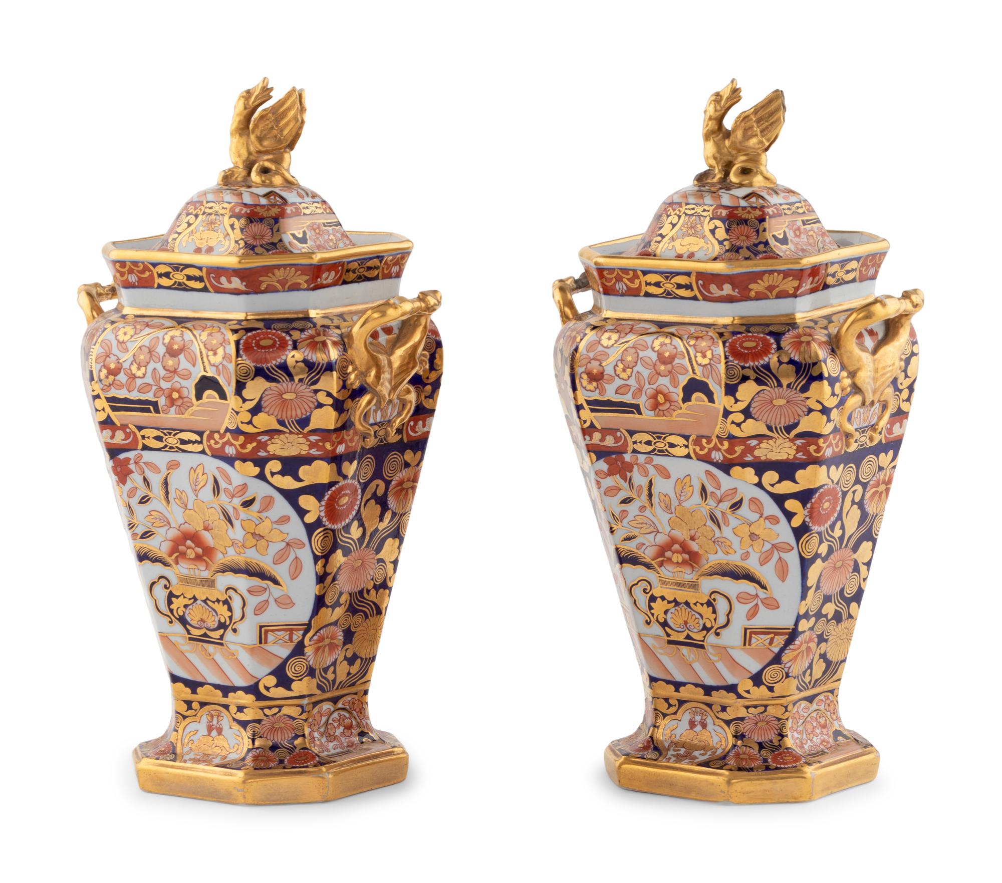 A Pair of Spode Porcelain Imari Pattern Covered Vases