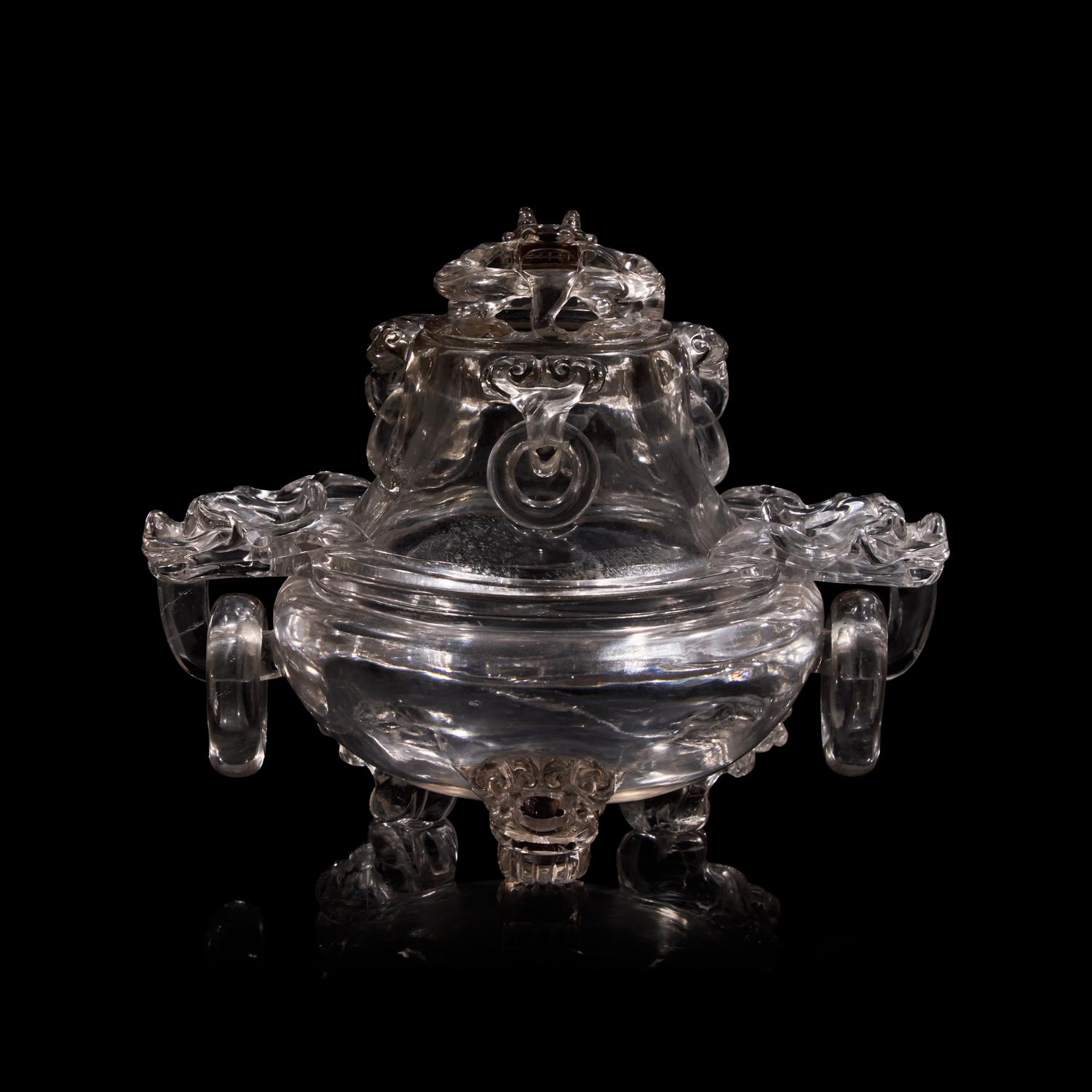 A Chinese Rock Crystal Censer and Openwork Cover, Early 20th Century 晚清-民國 水晶鏤空龍紋銜環三足香爐