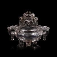 A Chinese Rock Crystal Censer and Openwork Cover, Early 20th Century 晚清-民國 水晶鏤空龍紋銜環三足香爐