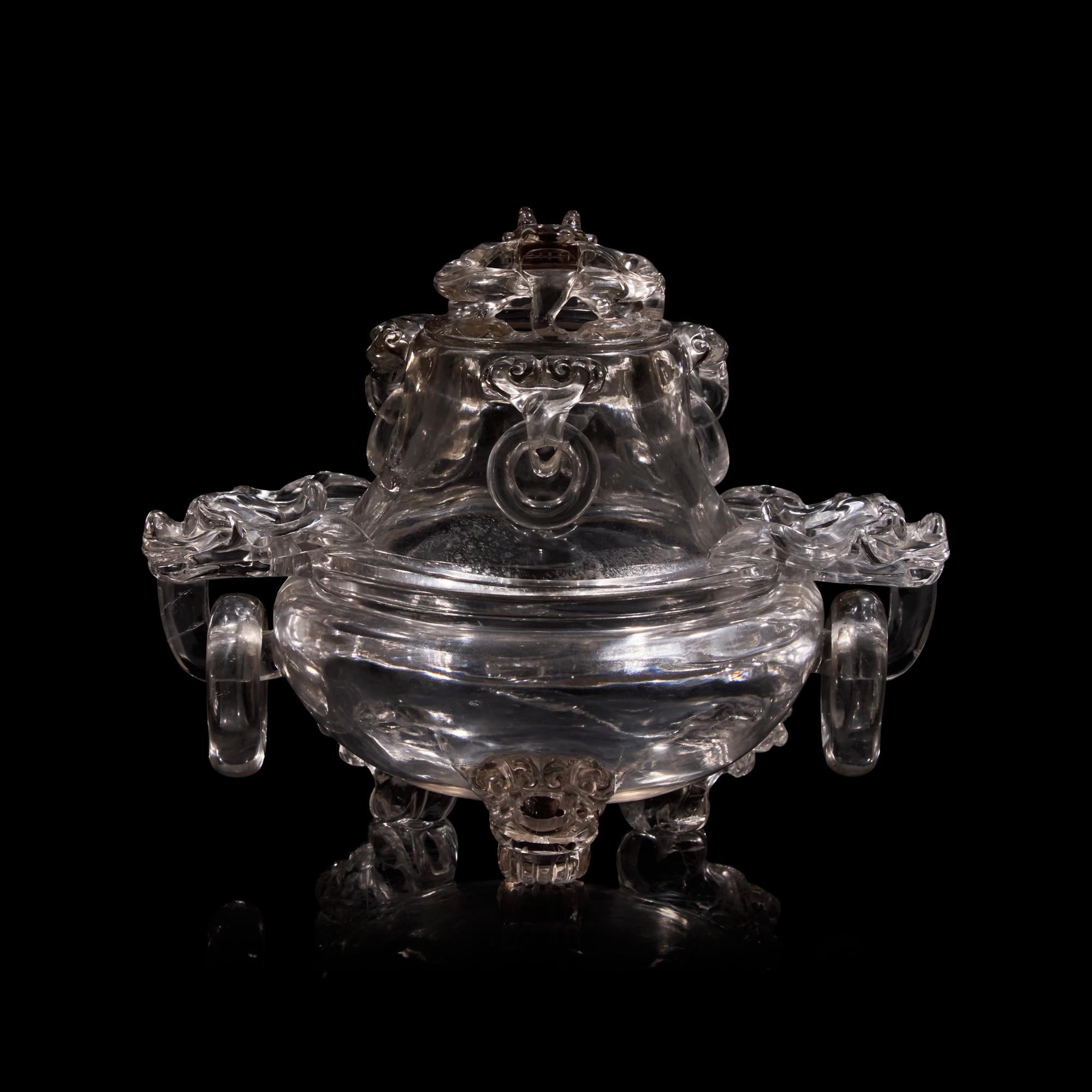 A Chinese Rock Crystal Censer and Openwork Cover, Early 20th Century 晚清-民國 水晶鏤空龍紋銜環三足香爐