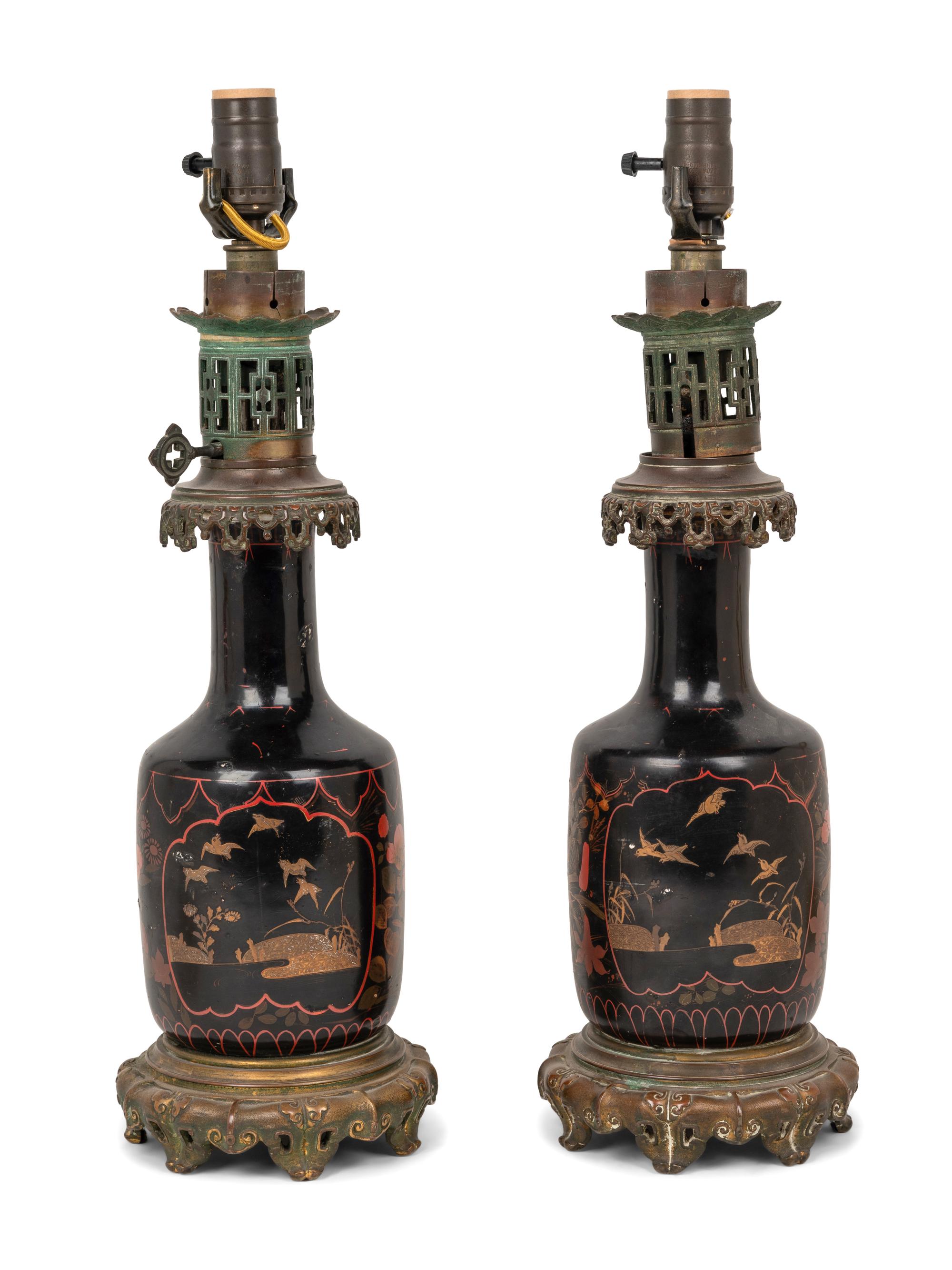 A Pair of French Gilt Bronze Mounted and Gilt Decorated Black Opaline Glass Oil Lamps