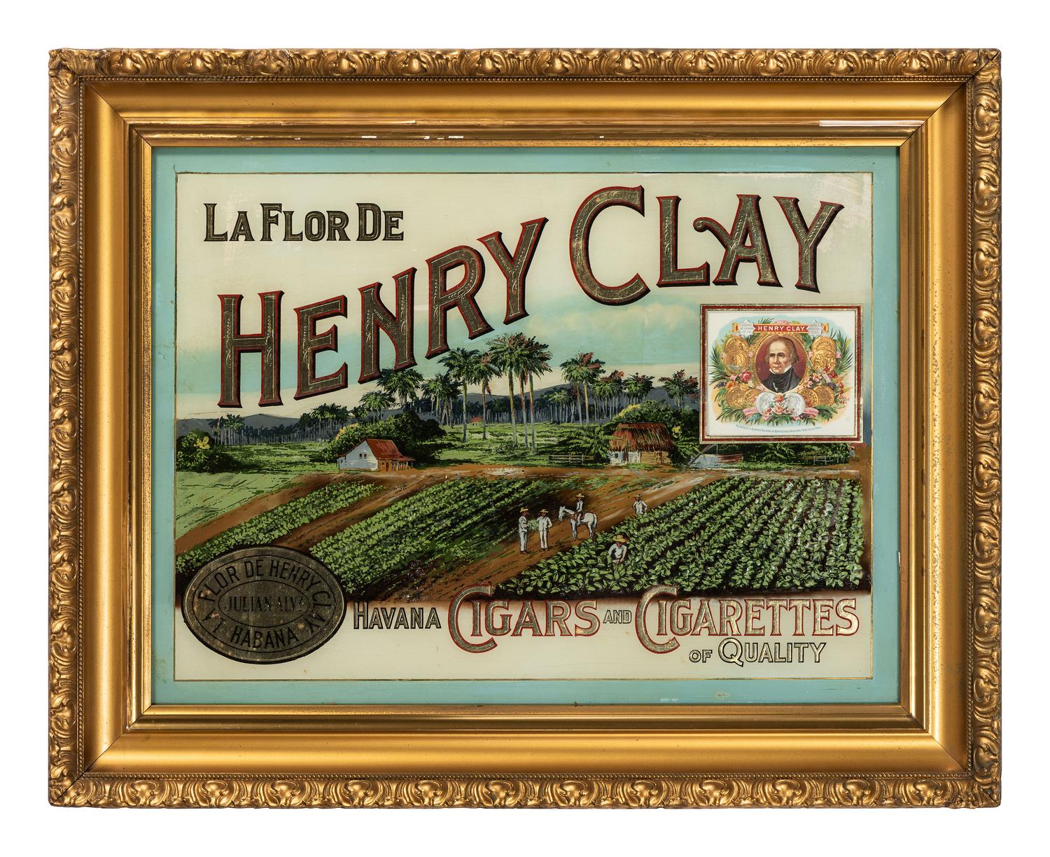A Henry Clay Cigars & Cigarettes Reverse Painted Glass Advertising Sign