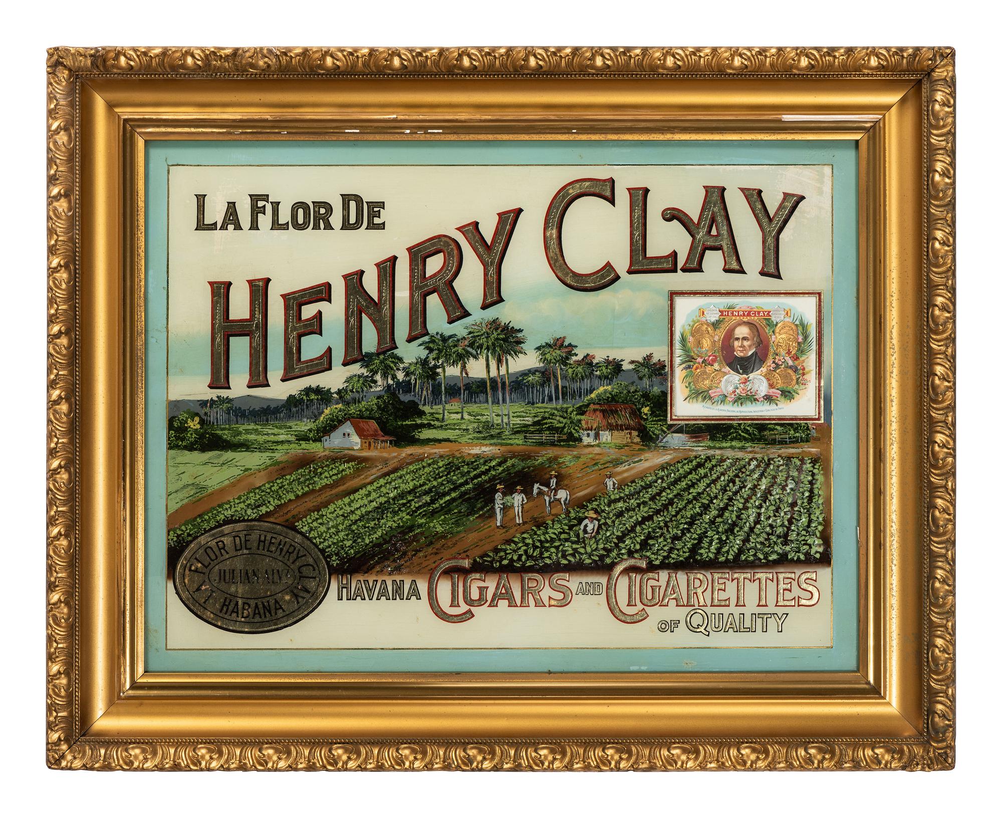 A Henry Clay Cigars & Cigarettes Reverse Painted Glass Advertising Sign